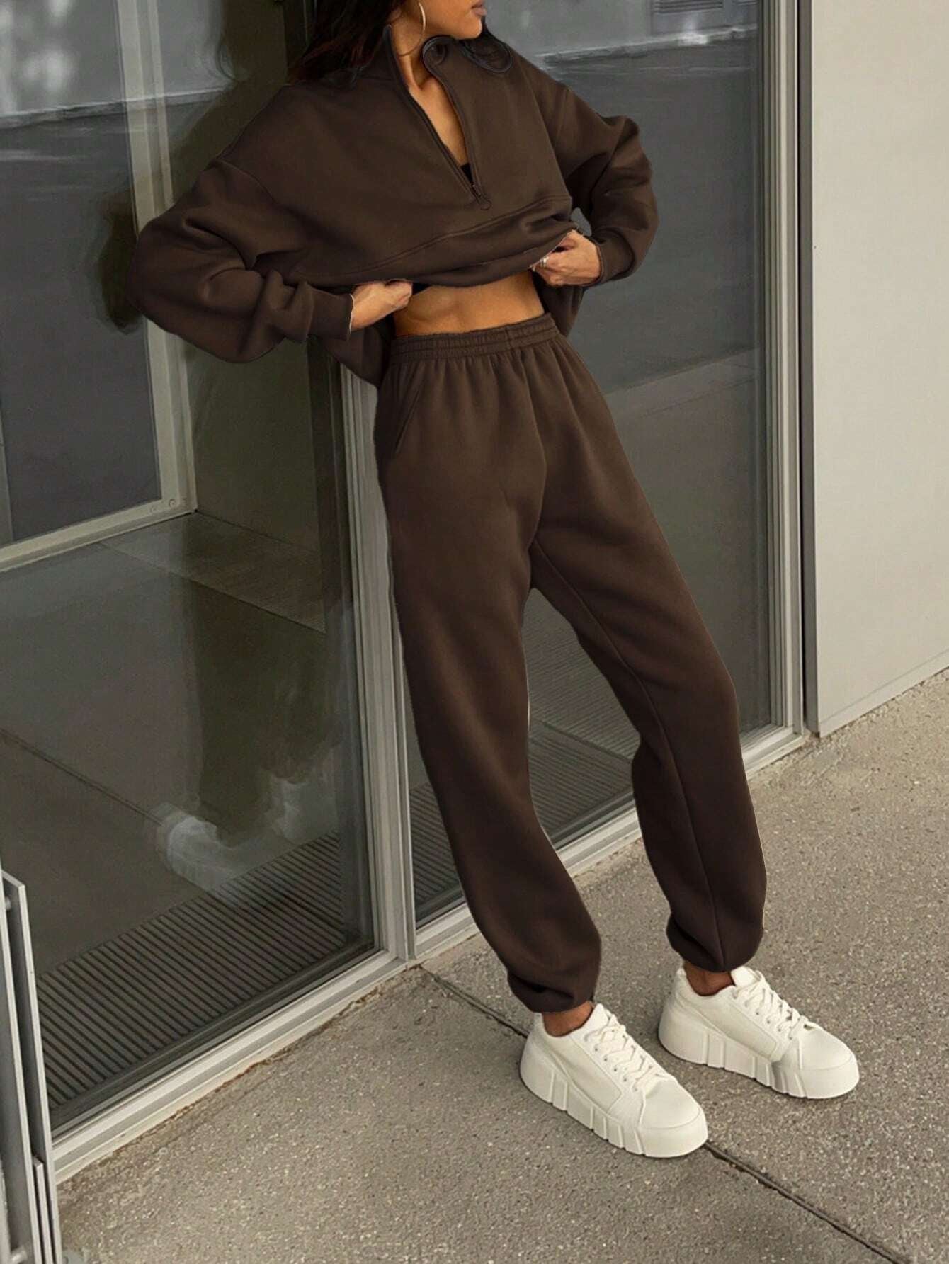 Solid Color Casual 2-Piece Set Fall Cloth