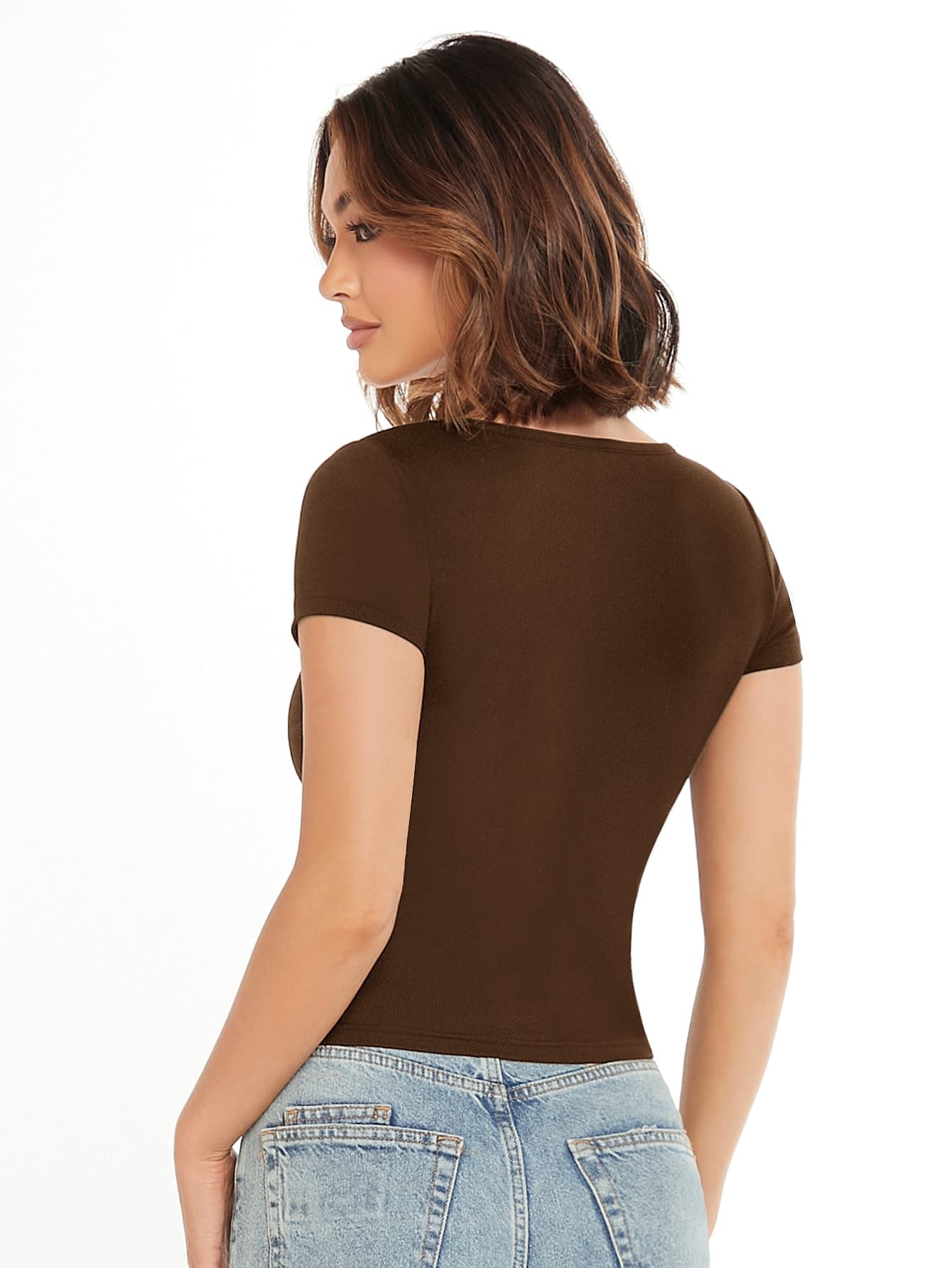 V-Neck Short Sleeve Solid Color Slim Fit Casual Tee