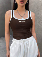 Letter Print Contrast Trim Tight Crop Tank Top With U-Neck For Women