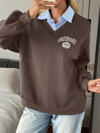 Letter & Stripe Print Patchwork Thermal Lined Sweatshirt