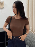 Solid Color Round Neck Short Sleeve Cropped Slim Fit Casual T-Shirt