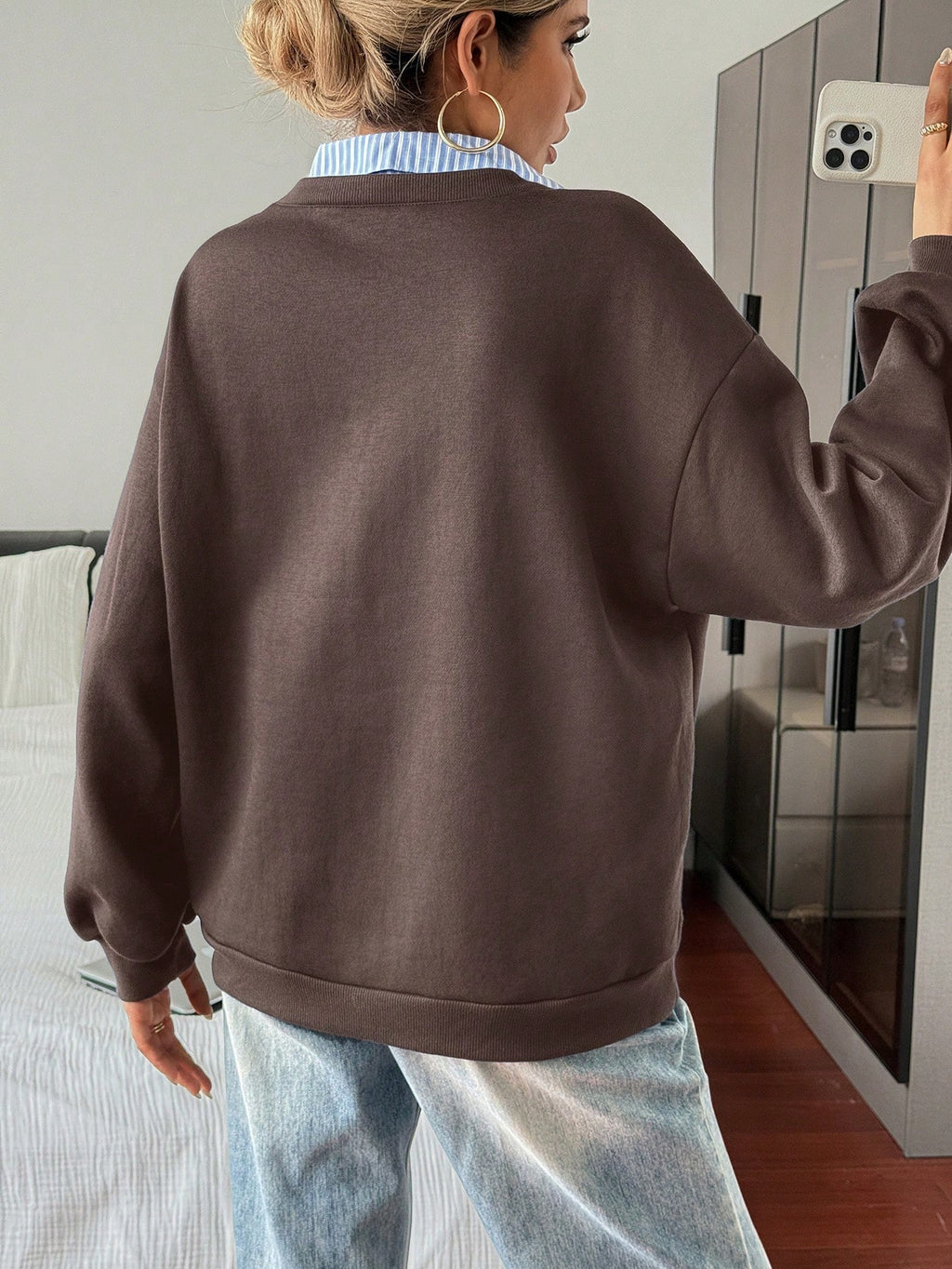 Letter & Stripe Print Patchwork Thermal Lined Sweatshirt