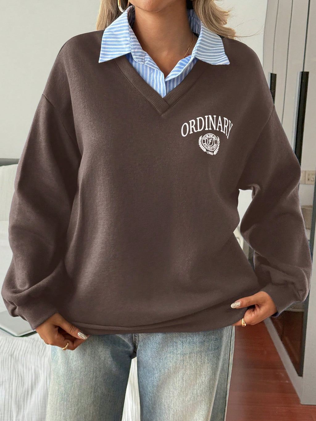Letter & Stripe Print Patchwork Thermal Lined Sweatshirt
