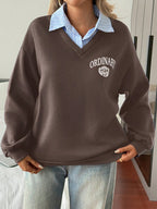 Letter & Stripe Print Patchwork Thermal Lined Sweatshirt