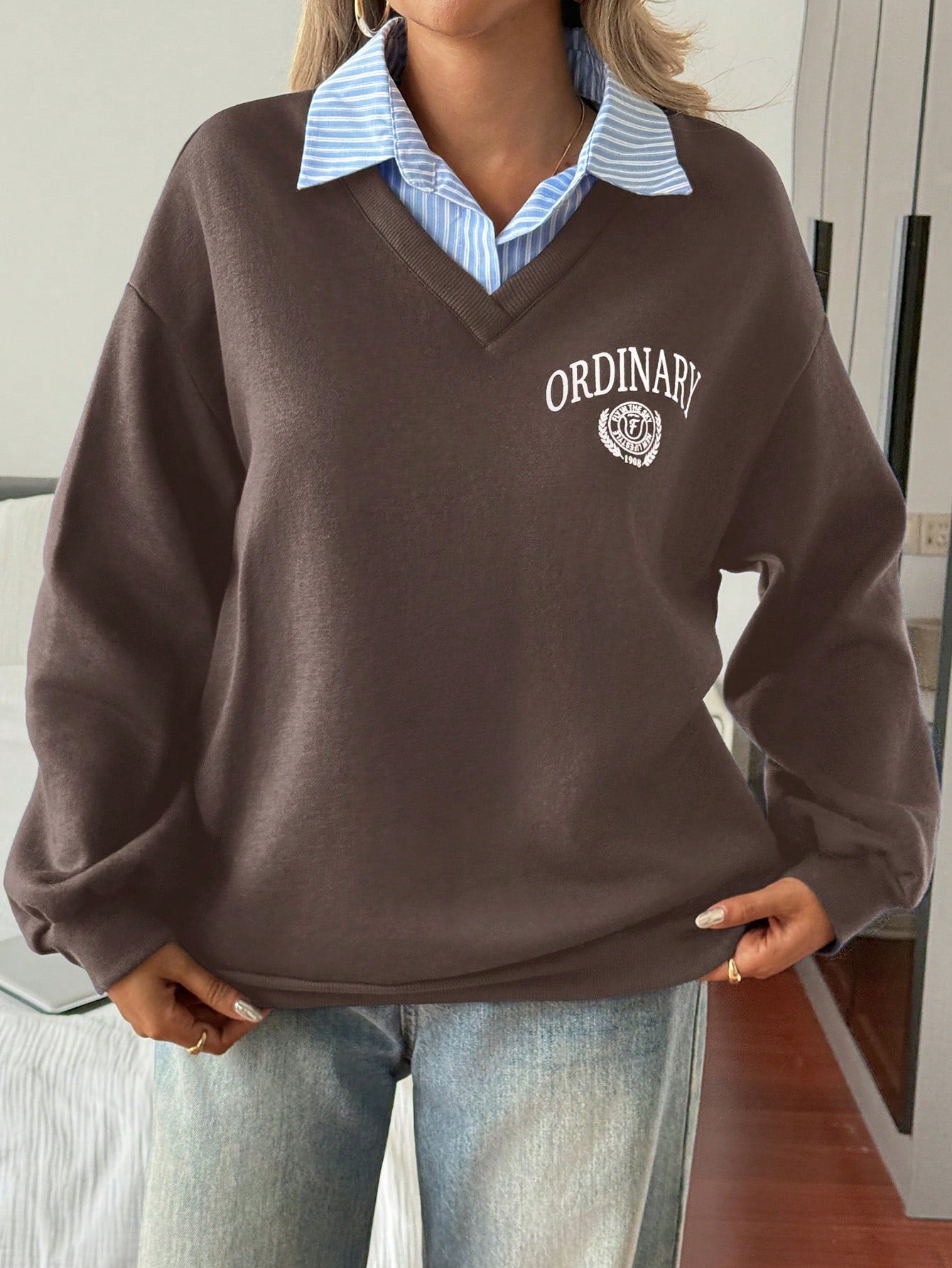 Letter & Stripe Print Patchwork Thermal Lined Sweatshirt