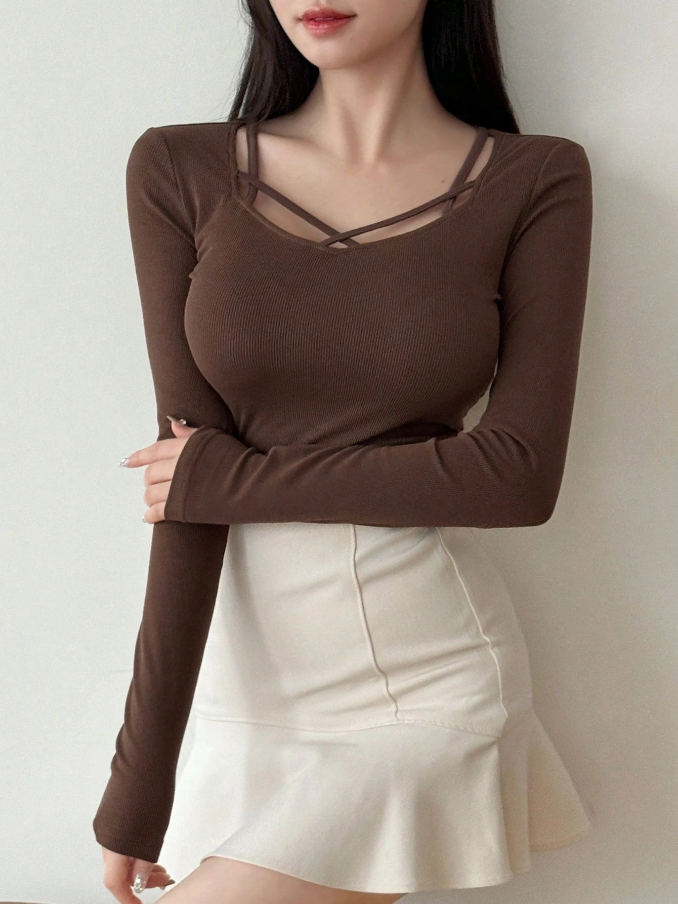 Hollow Out Design Ribbed T-Shirt