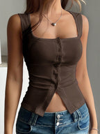 French Style Square Neck Sleeveless Slit Knit Tank Top