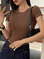Solid Color Round Neck Short Sleeve Cropped Slim Fit Casual T-Shirt