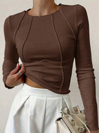 Solid Color Split Half-Length Long-Sleeved Round Neck New Women's Top