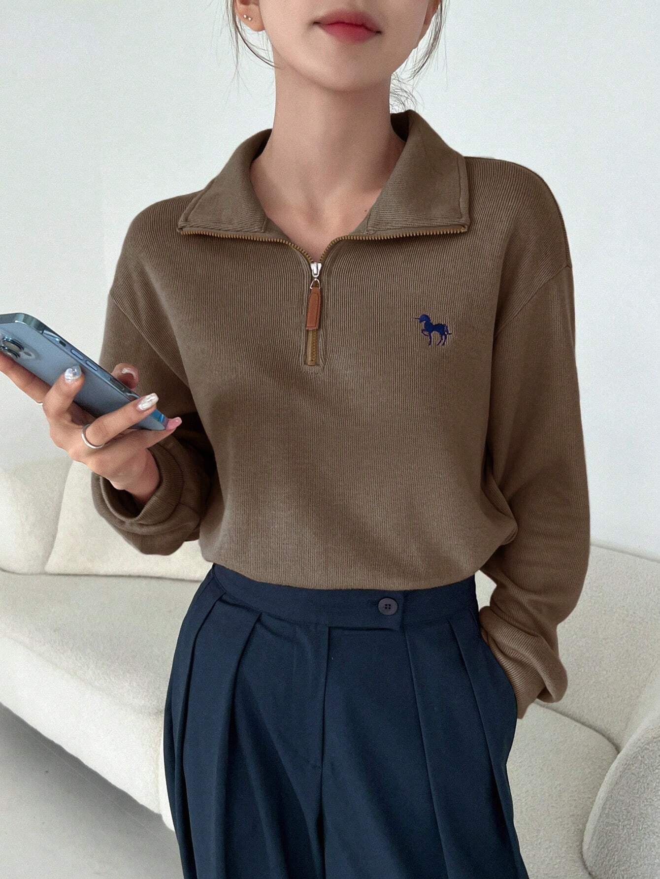 Half-Zipper Casual & Versatile Long Sleeve Sweatshirt, Long Sleeve Tops