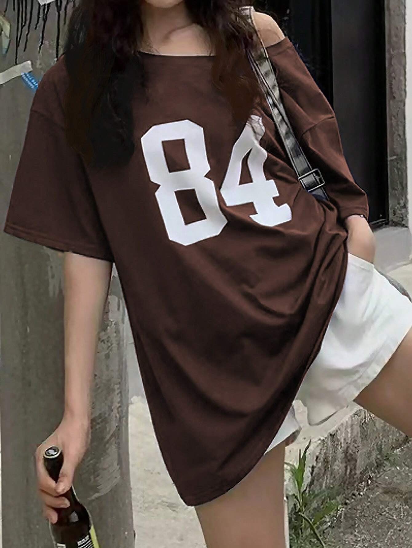 Numeric Print Asymmetric Collar Loose Casual T-Shirt, Summer Graphic Tees