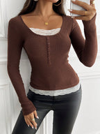 Round Neck 2 In 1 Lace Patchwork T-Shirt, Brown Velour Ribbed