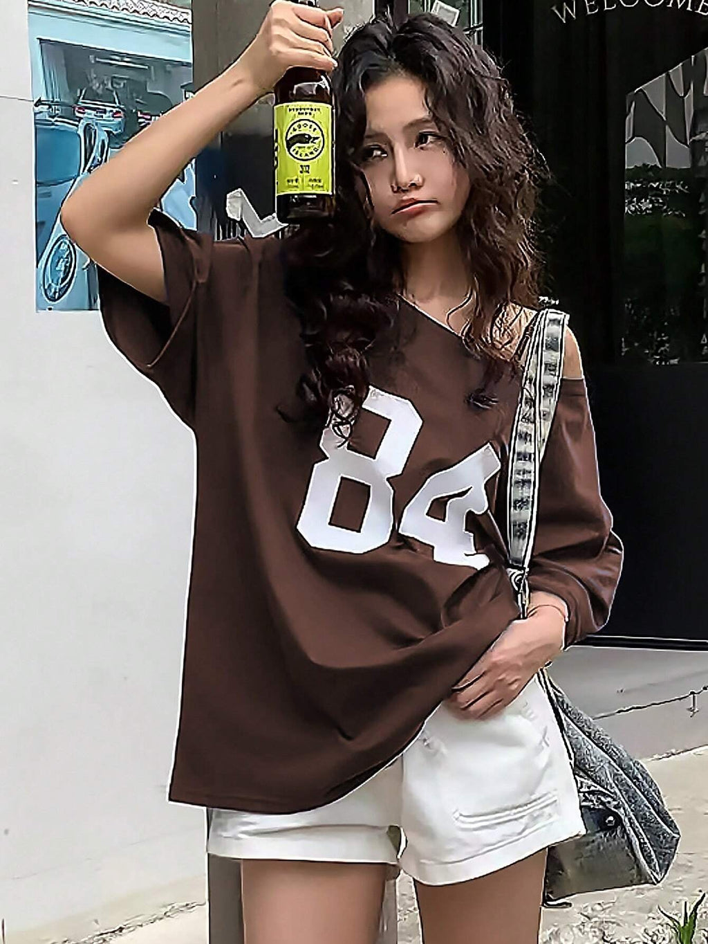Numeric Print Asymmetric Collar Loose Casual T-Shirt, Summer Graphic Tees