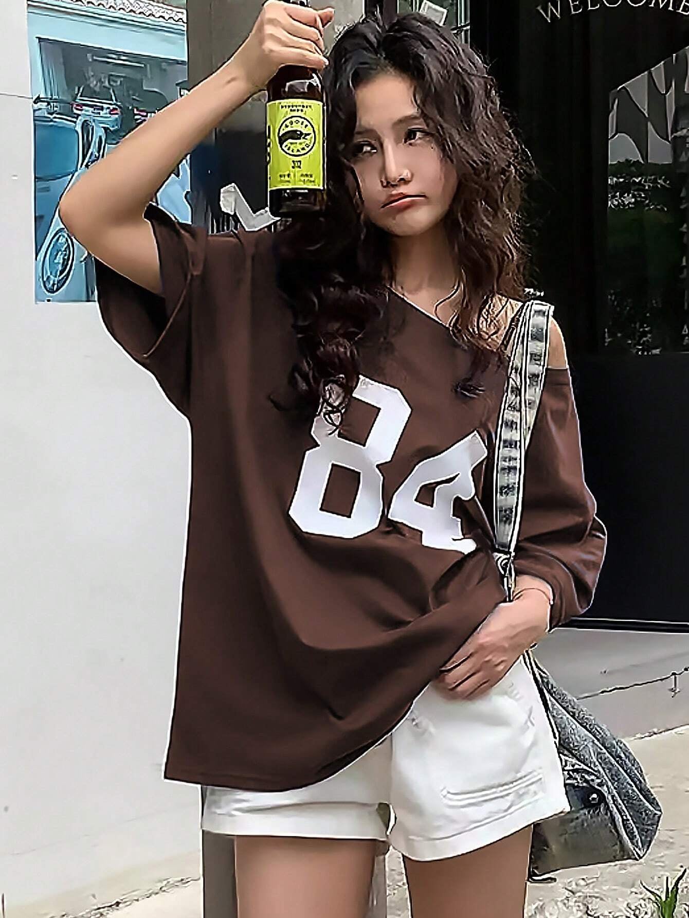 Numeric Print Asymmetric Collar Loose Casual T-Shirt, Summer Graphic Tees