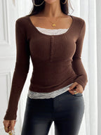 Round Neck 2 In 1 Lace Patchwork T-Shirt, Brown Velour Ribbed
