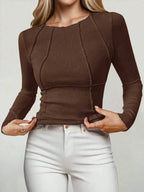 Solid Color Split Half-Length Long-Sleeved Round Neck New Women's Top