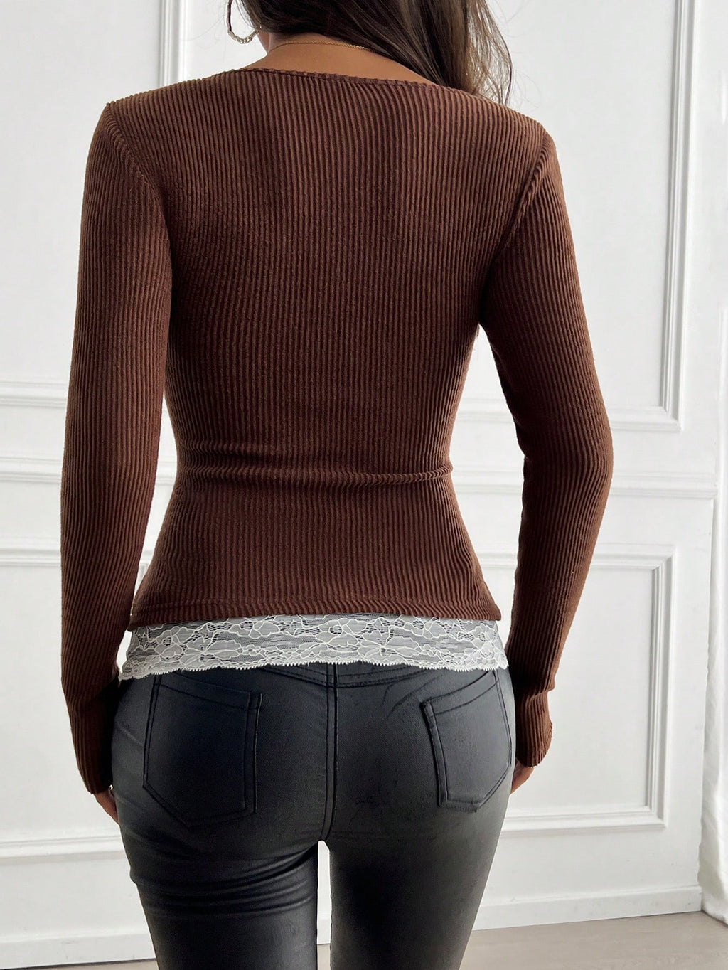 Round Neck 2 In 1 Lace Patchwork T-Shirt, Brown Velour Ribbed