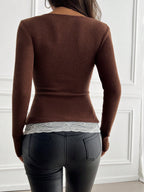 Round Neck 2 In 1 Lace Patchwork T-Shirt, Brown Velour Ribbed