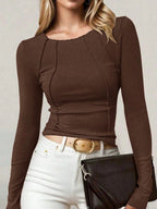 Solid Color Split Half-Length Long-Sleeved Round Neck New Women's Top