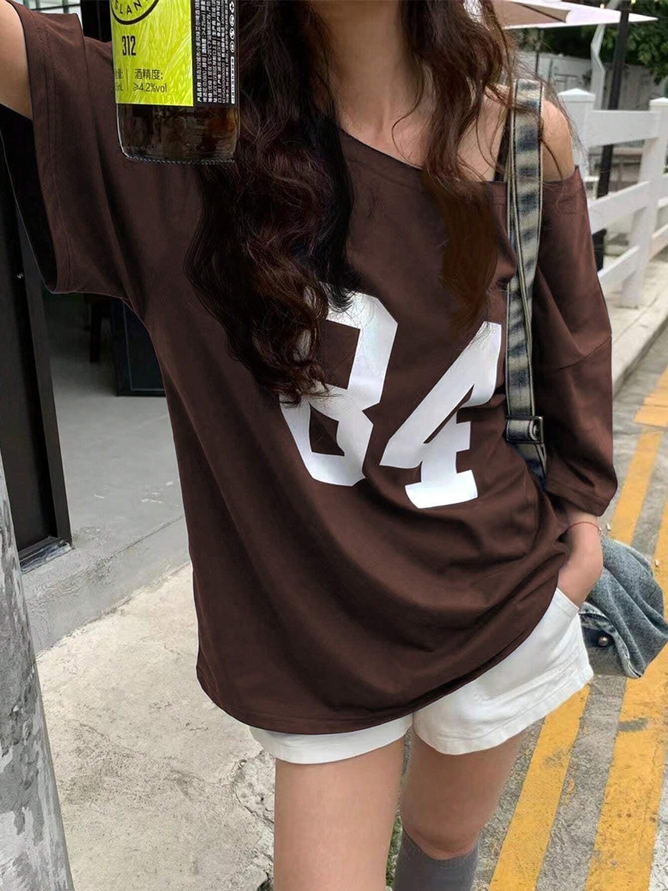 Numeric Print Asymmetric Collar Loose Casual T-Shirt, Summer Graphic Tees