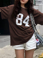 Numeric Print Asymmetric Collar Loose Casual T-Shirt, Summer Graphic Tees