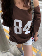 Numeric Print Asymmetric Collar Loose Casual T-Shirt, Summer Graphic Tees