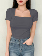 Women's Solid Color Swan Collar Short Sleeve T-Shirt