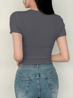 Women's Solid Color Swan Collar Short Sleeve T-Shirt