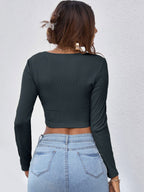 Neck Button Placket Rib-knit Tee