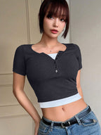 Color Block Fake Two Pieces Slim Fit Short Sleeve T-Shirt