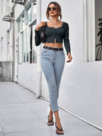 Neck Button Placket Rib-knit Tee