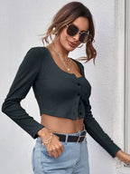 Neck Button Placket Rib-knit Tee