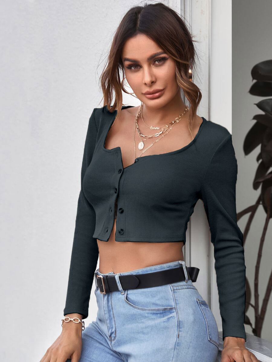Neck Button Placket Rib-knit Tee