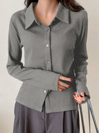 Ribbed Button-Up Shirt - Long Sleeve Collared Knit Blouse, Slim Fit Casual Top