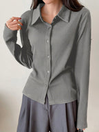 Ribbed Button-Up Shirt - Long Sleeve Collared Knit Blouse, Slim Fit Casual Top