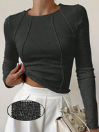 Solid Color Split Half-Length Long-Sleeved Round Neck New Women's Top