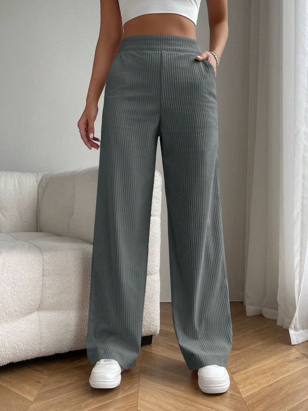 Solid Color High Waist Pockets Straight Loose Casual Pants