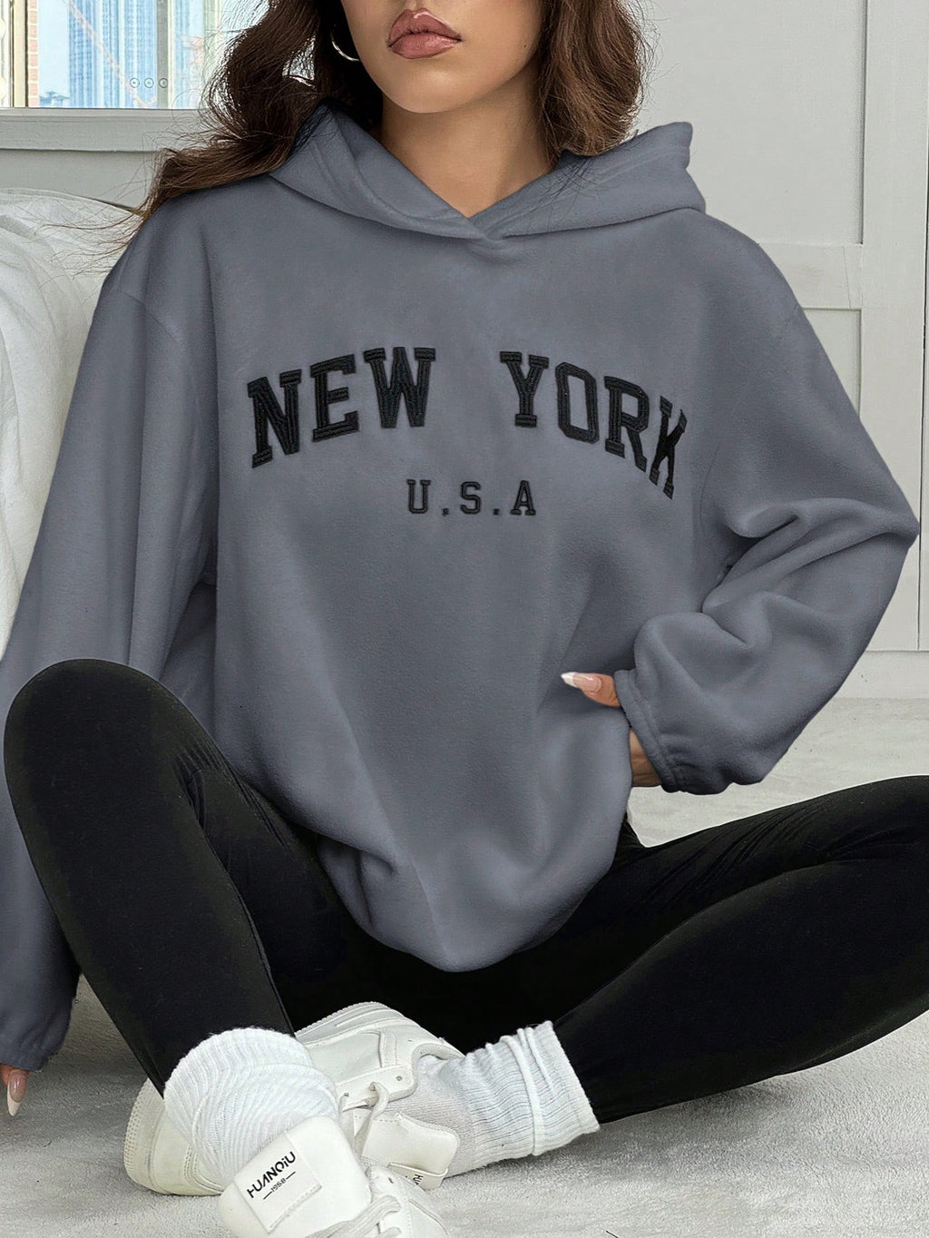 2pcs/Set Women Letter Embroidery Hoodie Sweatshirt And Leggings Outfit