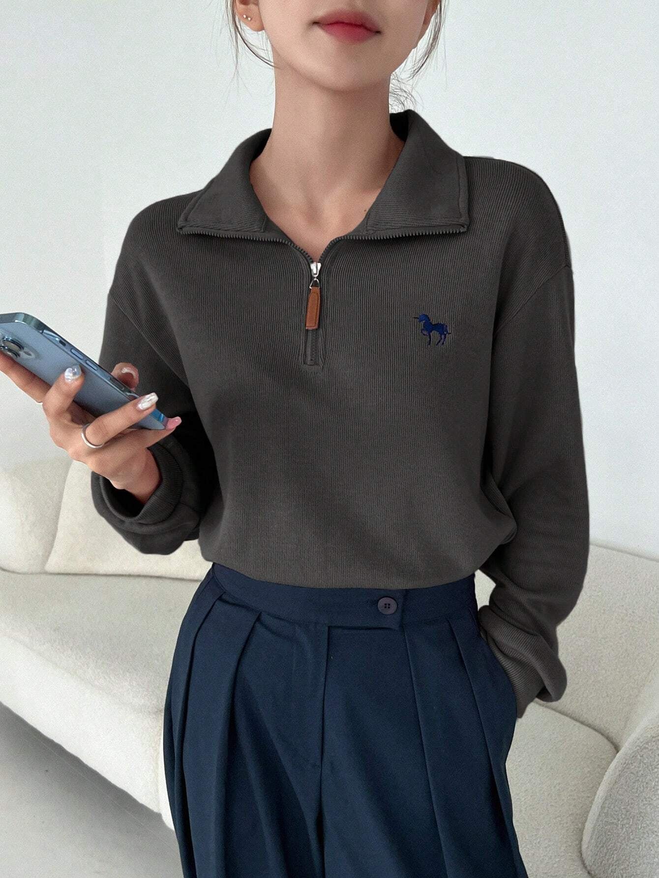 Half-Zipper Casual & Versatile Long Sleeve Sweatshirt, Long Sleeve Tops
