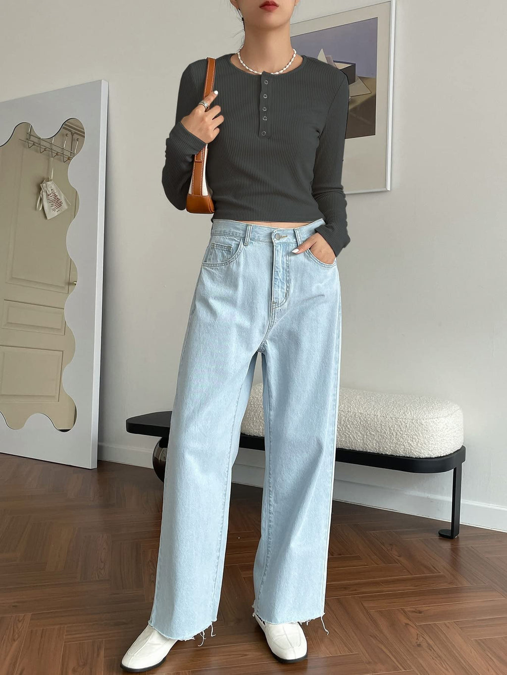 Ribbed Long Sleeve Henley Top - Button Neck Slim Fit Casual Tee