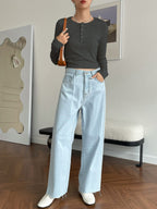 Ribbed Long Sleeve Henley Top - Button Neck Slim Fit Casual Tee