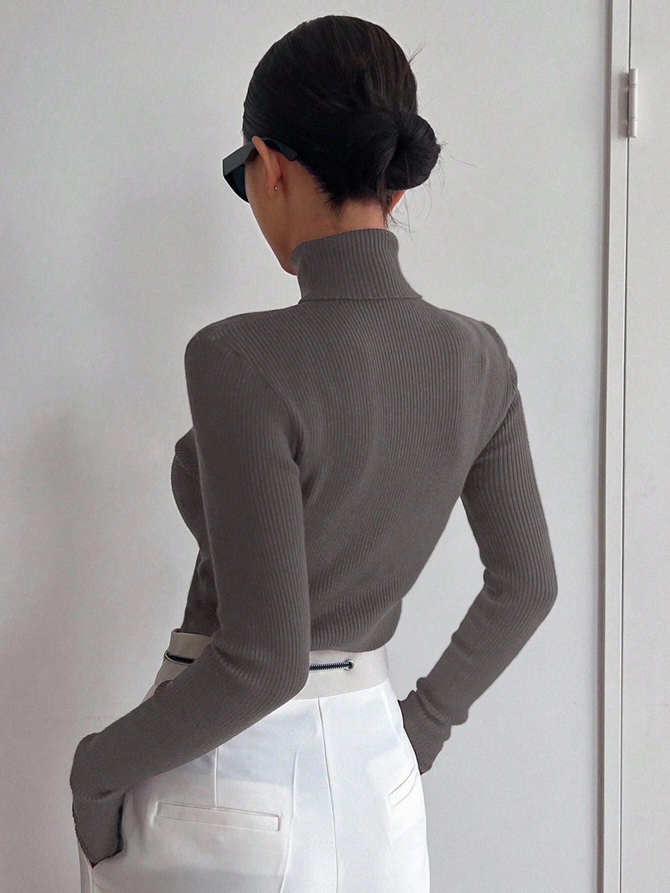 Basic Solid High Neck Long Sleeve Knit Sweater