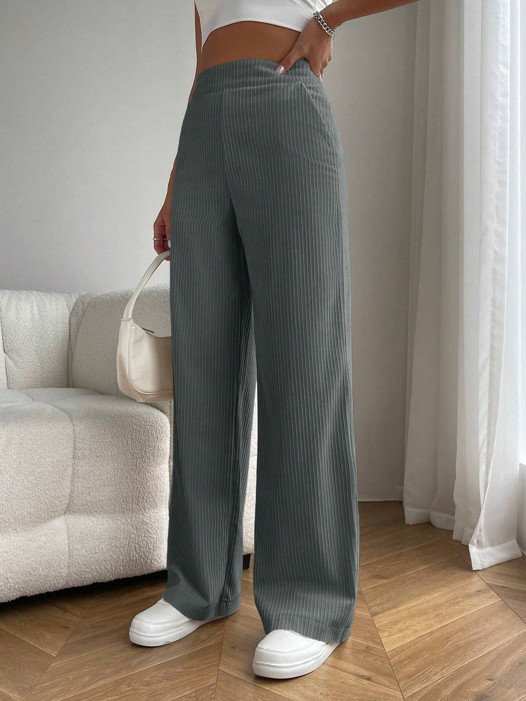 Solid Color High Waist Pockets Straight Loose Casual Pants