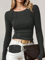 Solid Color Split Half-Length Long-Sleeved Round Neck New Women's Top