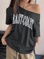 Off-Shoulder Short Sleeve Letter Printed Casual T-Shirt Graphic Tees Women Tops