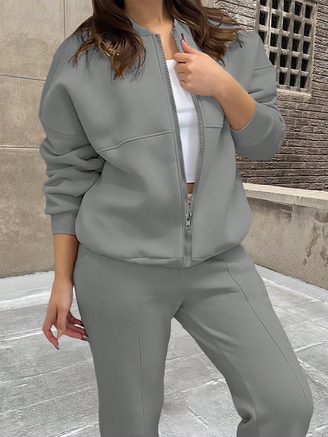 Solid Color Minimalist Hoodie Jacket Top And Straight Leg Pants, Fashion Outfit
