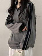 Contrast Color Block Striped Long Sleeve Casual Letter Print Sweatshirt, Collegiate Style, Long Sleeve Tops