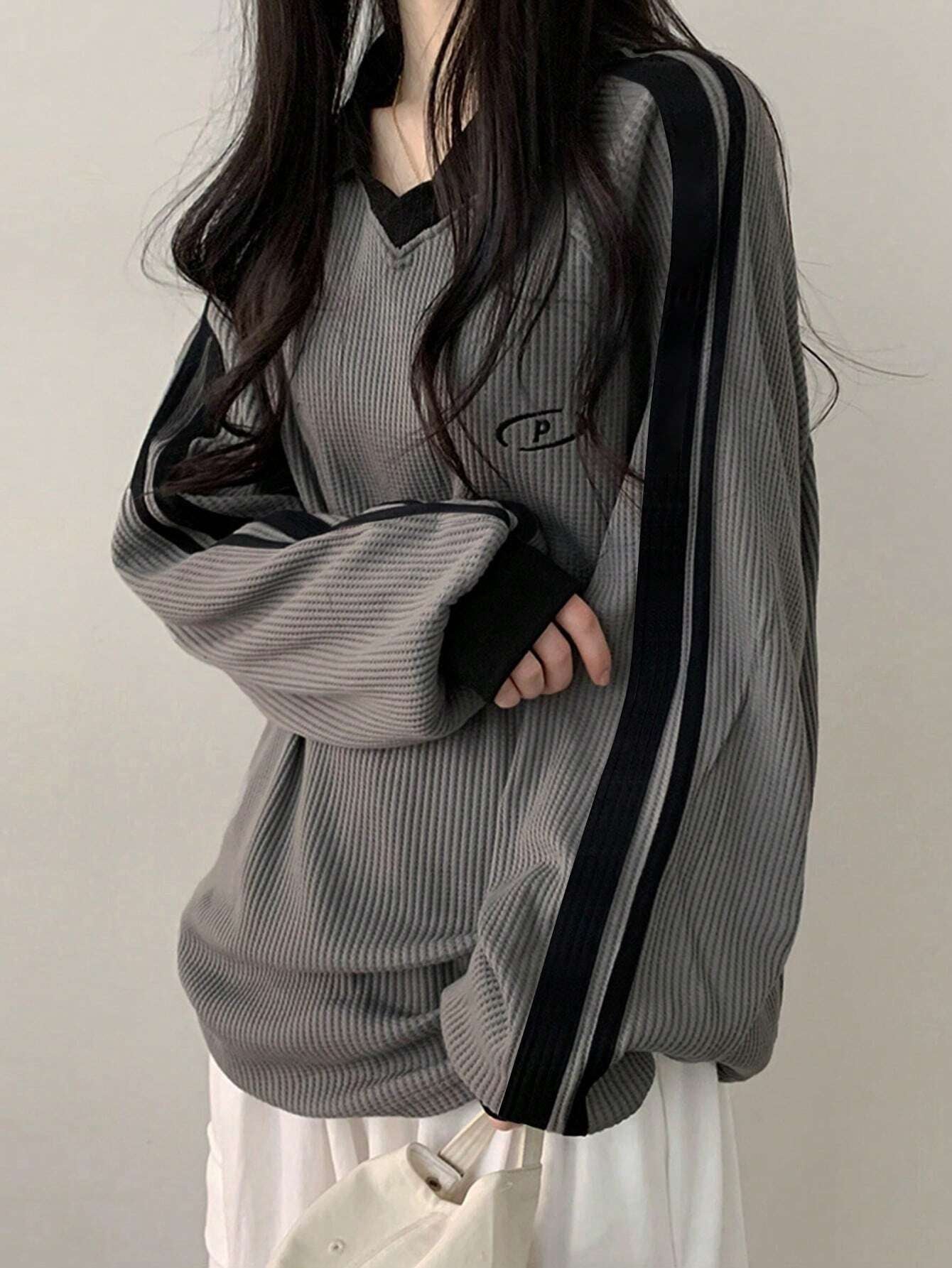 Contrast Color Block Striped Long Sleeve Casual Letter Print Sweatshirt, Collegiate Style, Long Sleeve Tops