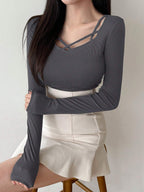 Hollow Out Design Ribbed T-Shirt