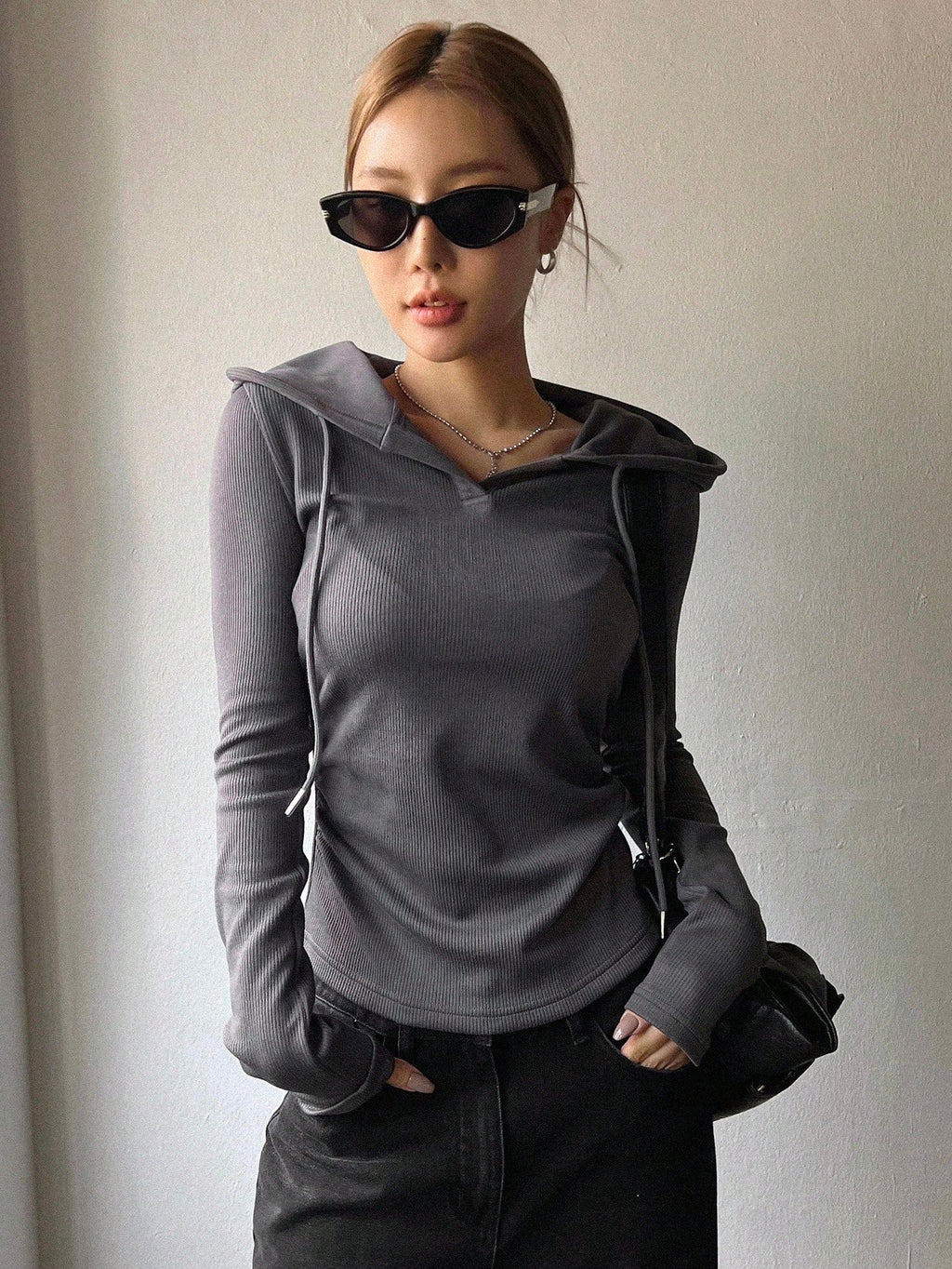 Solid Color Drawstring Hooded Long Sleeve T-Shirt